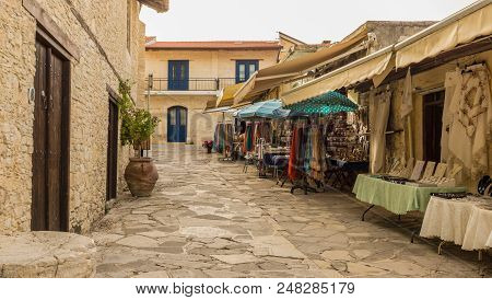 Omodos, Cyprus. May 2018. A Typical View Of A Tourist Store In The Traditional Village Omodos In Cyp