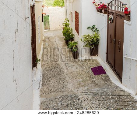 Omodos, Cyprus. May 2018. A Typical View Of A Typical Street In The Traditional Village Omodos In Cy