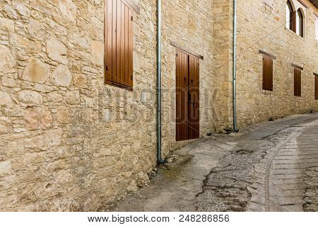 Omodos, Cyprus. May 2018. A Typical View Of A Typical Street In The Traditional Village Omodos In Cy
