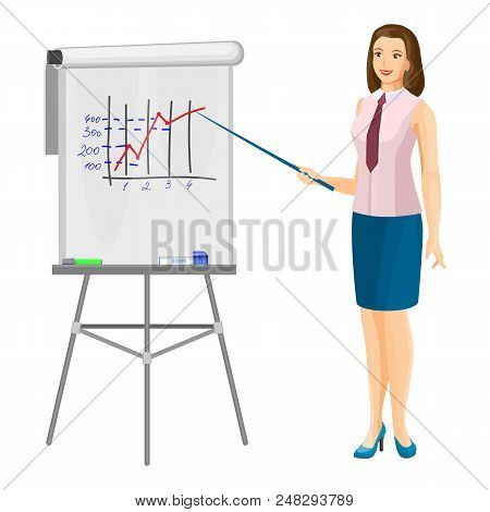 Smiling Uniformed Business Woman Standing Near Flip Chart With Pointer And Showing Flowsheet Or Plan
