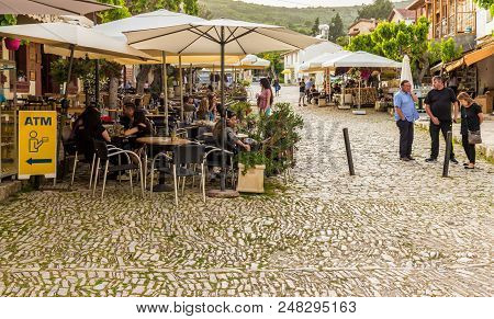 Omodos, Cyprus. May 2018. A View Of The Town Square In The Traditional Village Omodos In Cyprus.