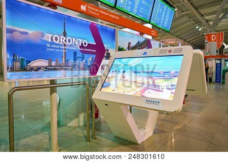 WARSAW, POLAND - CIRCA NOVEMBER, 2017: interactive information point in Warsaw Chopin Airport.