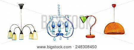 Set Of Yand Drawn Watercolor Decorative Lamps And Lampshades On White Background. Template For Print