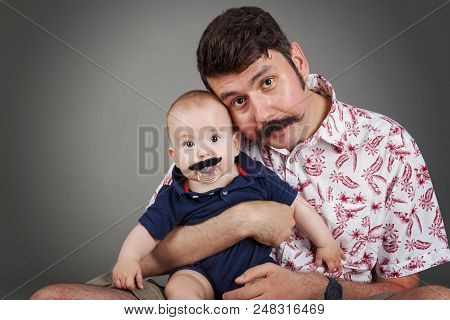 Handlebar Mustache Family Tradition-funny Portrait Of Father And A Son Both With Handlebar Mustaches