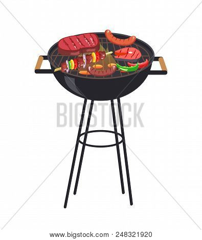 Roaster Grill With Meal Set, Grill And Vegetables, Steak And Sausages, Slice Of Salmon And Brochette