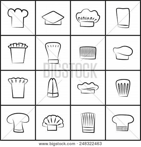 Chef Hats Of All Shapes Thin Outline Set. Cooks Uniform Elements With Various Designs. Chef Hats Ske