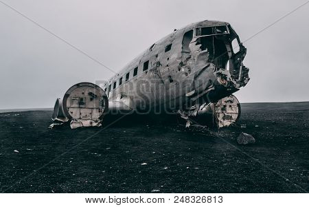 Plane Wreck In Iceland At A Foggy Day With No People