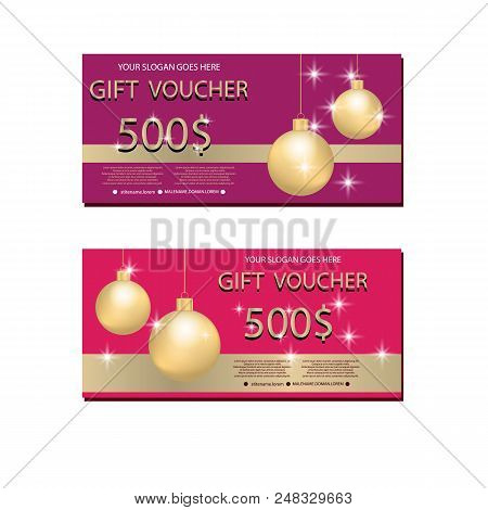 Set Of Luxury Gift Vouchers With Golden Ribbons And Chrostmas Balls. Elegant Template For Holiday Gi