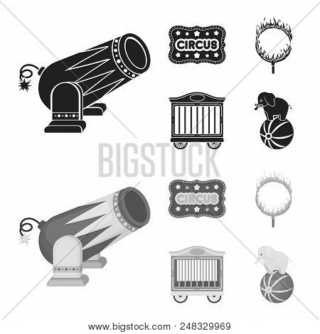 Circus Trailer, Circus Gun, Burning Hoop, Signboard.circus Set Collection Icons In Black, Monochrome