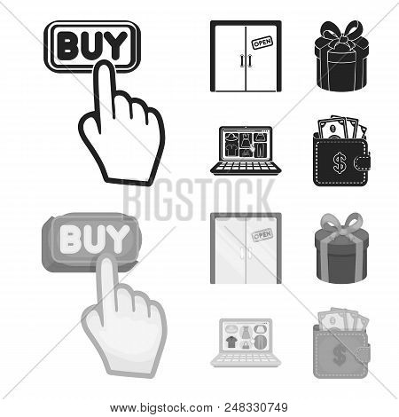 Hand, Click, Elevator, Gift, Box, Door, Online Store And Other Equipment. E Commerce Set Collection 
