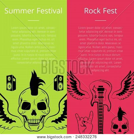 Summer Festival Rock Fest Set Of Posters. Vector Illustration Of Skull With Mohawk Haircut, Small Sp