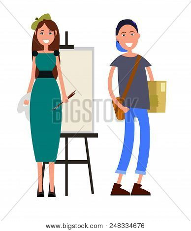 Painter With Two Brushes And Student With Brown Briefcase Color Card. Smiling Woman Teach Student To