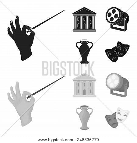 Conductor Baton, Theater Building, Searchlight, Amphora.theatre Set Collection Icons In Black, Monoc