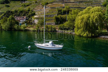 Small Boat On Lake From Above With Drone