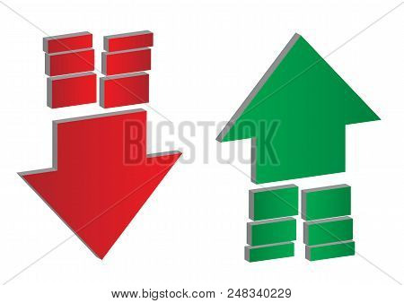 Up And Down Arrows. Upward, Downward Arrows With Dividing Ends In Green And Red Isolated On White Ba