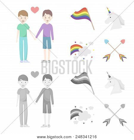 Flag, Unicorn Symbol, Arrows With Heart.gay Set Collection Icons In Cartoon, Monochrome Style Vector