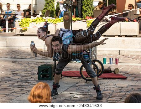 Cracow, Poland - July 5, 2018: Performance Of The Happy Hour Show Performed By Duo Looky From Israel