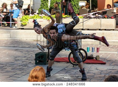 Cracow, Poland - July 5, 2018: Performance Of The Happy Hour Show Performed By Duo Looky From Israel