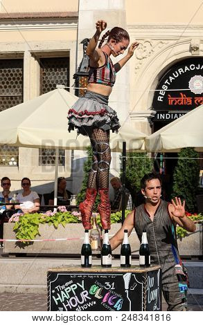 Cracow, Poland - July 5, 2018: Performance Of The Happy Hour Show Performed By Duo Looky From Israel