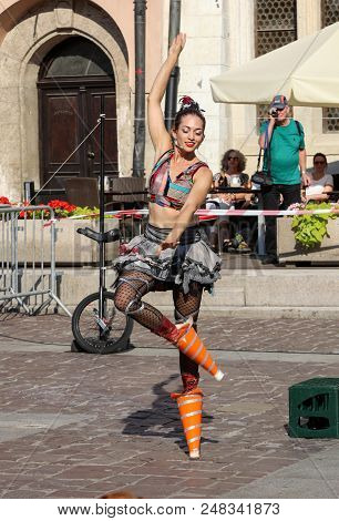 Cracow, Poland - July 5, 2018: Performance Of The Happy Hour Show Performed By Duo Looky From Israel