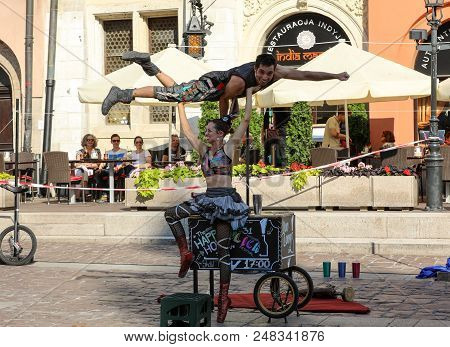 Cracow, Poland - July 5, 2018: Performance Of The Happy Hour Show Performed By Duo Looky From Israel