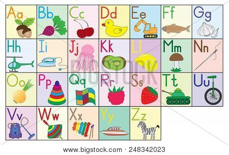English Alphabet, Cards, Set. Education For Kids. Vector Illustration.