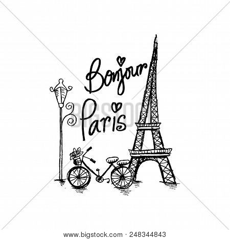 Bonjour Paris Text With Tower Eiffel And Bicycle.