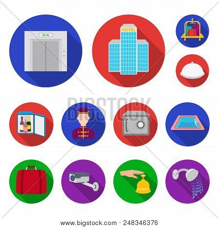 Hotel And Equipment Flat Icons In Set Collection For Design. Hotel And Comfort Vector Symbol Stock  