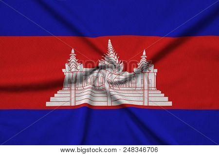 Cambodia Flag  Is Depicted On A Sports Cloth Fabric With Many Folds. Sport Team Waving Banner