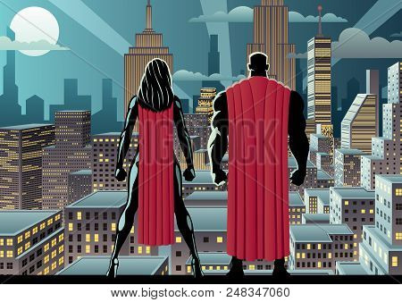 Superhero Couple Watching Over The City At Night.
