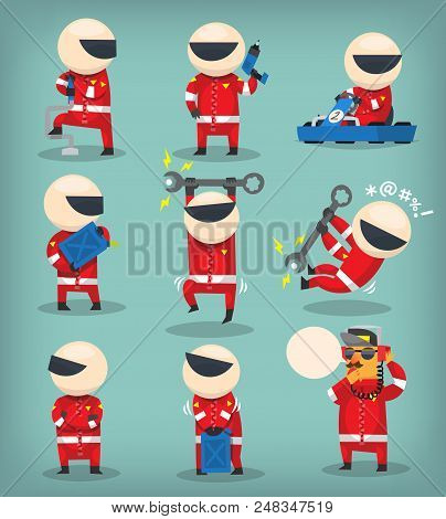 Set Of Colorful Racing Participants, Engineers And Pit Stop Workers Doing Their Job