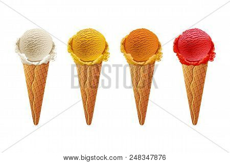 Various Ice-cream Scoops On White Background With Assorted Balls Of Vanilla, Chocolate, Strawberry A