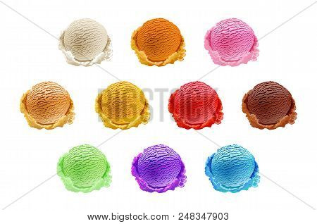 Ice Cream Scoops 10 Set Of Different Colors And Flavours With Berries, Nuts And Fruits Decoration Is