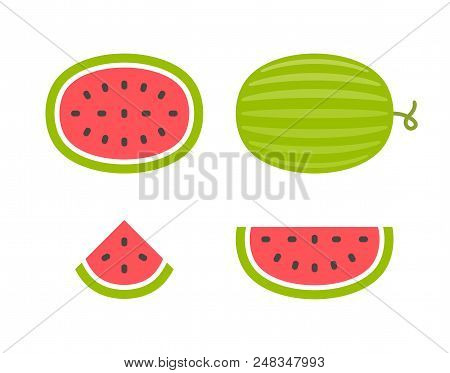 Watermelons And Slices. Flat Style. Isolated On White Background