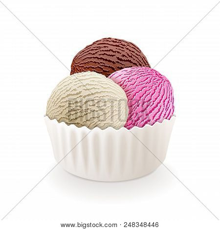 Chocolate, Vanilla And Strawberry Milk Frozen Yogurt Or Soft Three Balls Ice Cream, Blank Paper Cup