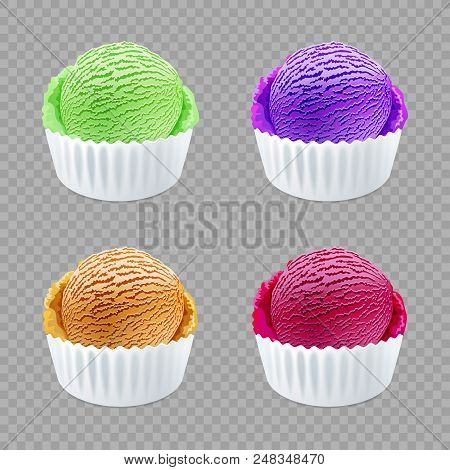 Different Flavor Ice Cream Scoops Side View On Transparent Background Vector