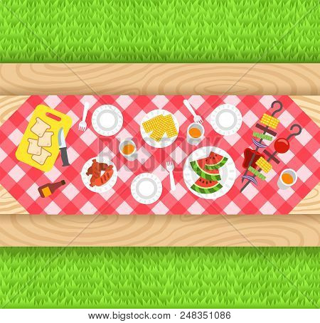Summer Barbecue Picnic Background. Vector Flat Illustration. Outdoor Party Banner. Grilled Sausages,