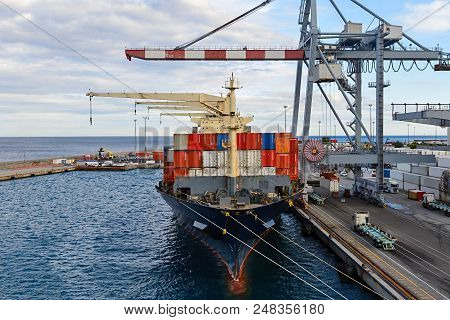 Container Ship Moored At Port  Loading In Progress