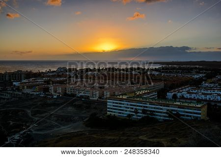 Summer Sunset Seascape On Tropical Island Tenerife, Canary In Spain.