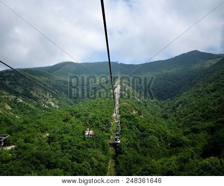 Gelendzhik, Russia - June 27, 2018: Cableway In Safari Park Leading To The Top Of The Markotkh Ridge