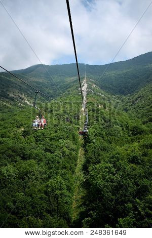 Gelendzhik, Russia - June 27, 2018: Cableway In Safari Park Leading To The Top Of The Markotkh Ridge