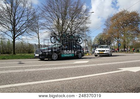 The Netherlands, Schimmert April15 2018: Cycle Team Bora Hansgrohe Car During Amstel Gold Race 2018