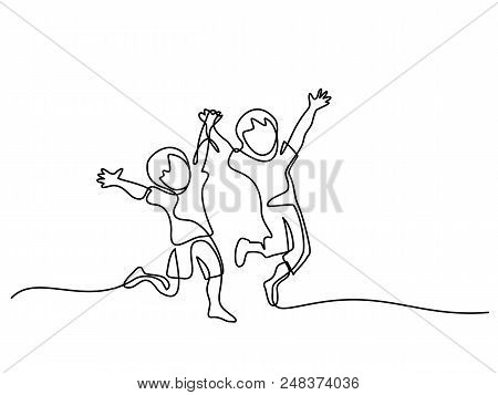 Happy Jumping Children Holding Hands. Continuous Line Drawing. Vector Illustration On White Backgrou
