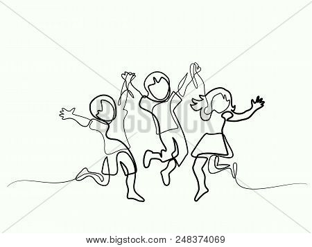 Happy Jumping Children Holding Hands. Continuous Line Drawing. Vector Illustration On White Backgrou