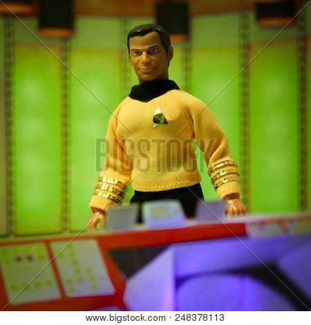 JUL 5 2018: Recreation of a scene from the 1960s television science fiction show Star Trek, where Captain Kirk beams down to the planet surface - Diamond Select Mego Reissue action figures