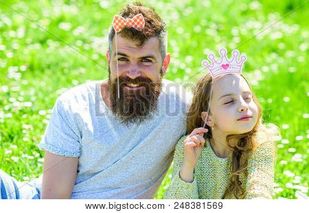 Family Spend Leisure Outdoors, Play Girlish Games. Dad And Daughter Sits On Grass At Grassplot, Gree