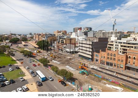 An Aerial View Of Construction Work For New Light Rail On Hunter Street In Newcastle. The Existing H