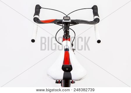 Upper View Of Professional Carbon Road Bike From Saddle Perspective. Over White. Horizontal Image Co