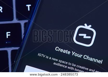 New York, Usa - July 6, 2018: Creating Igtv Channel In Instagram With Smartphone Screen Lay On Lapto