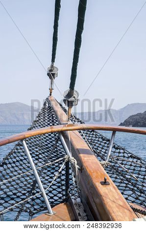 Bow On Wooden Ship In The Sea, Santorini, Greece